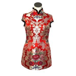 Brocade Red Puffer Quilted Chinese Qipao Mini Dress With Fur Trim Small